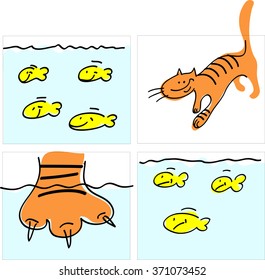 Cat fishing, vector drawing