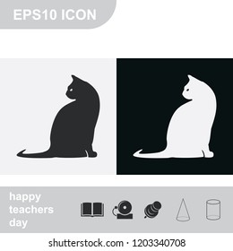 Cat flat black and white vector silhouette. Pet icon.