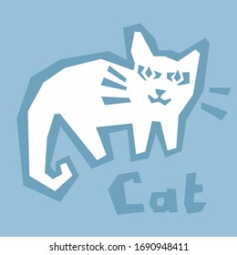 Cat flat design on blue background. Angry or scared pet. Animal vector illustration. Interactive card for learning the alphabet. White icon, thick outline on blue with text. Paper cut lines, DIY