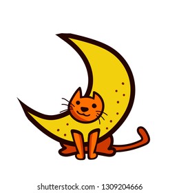 Cat flat illustration. Cute character. Cat dressed as the moon. Picture. Vector illustration.