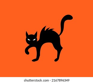 Cat Flat Illustration Halloween. Scared Angry Cat - Vector Illustration, Silhouette. Pet Wool On End. Black Cat Isolate