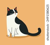 Cat flat vector illustration. Sitting white cat with black spots and solid background. Minimalistic modern style