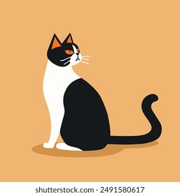 Cat flat vector illustration. Sitting white cat with black spots and solid background. Minimalistic modern style