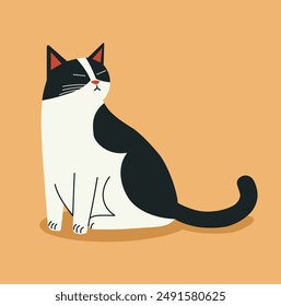 Ilustración vectorial plana de gato. Gato blanco sentado con manchas negras y fondo sólido. Estilo moderno minimalista