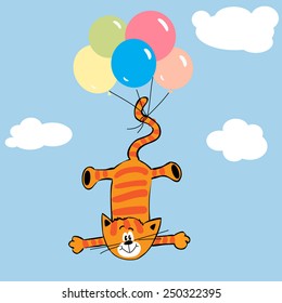 cat flies with the balloons
