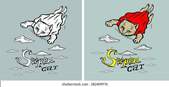 cat flies like a superhero in a red cloak
