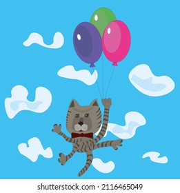 The cat flies on three balloons