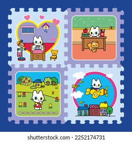 Cat flight on a plane and go to school illustration with 4 pieces puzzle mat design