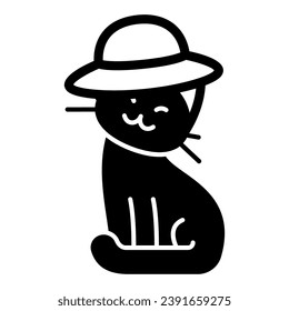 Cat flirt in a hat solid icon, funny animals concept, coquette kitty in hat vector sign on white background, glyph style icon for mobile concept and web design. Vector graphics