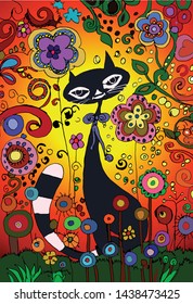 Cat with flora background vector drawing