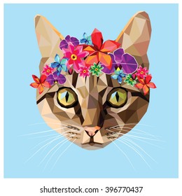 Cat with a floral crown made out of different flowers, colorful low poly design isolated on blue background with a white outline. Animal portrait card.