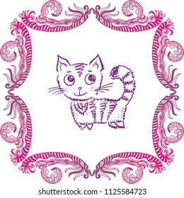 Cat and floral frame. Vector illustration
