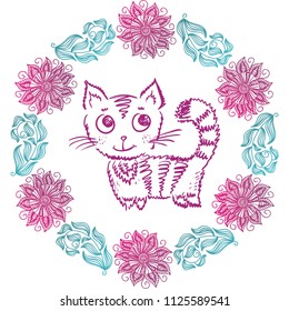 Cat and floral frame. Vector illustration