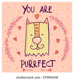 Cat with floral frame. Vector illustration of Valentine card