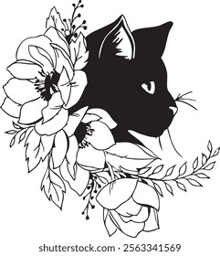 Cat with floral icon Silhouette vector art