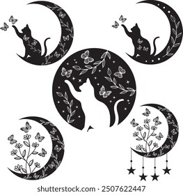 Cat, Floral Moon, Butterflies On White Background	