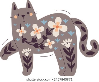 Cat With Floral Pattern Vector Illustration