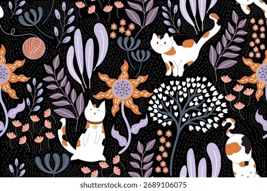 Design de padrão sem emenda floral e de gato