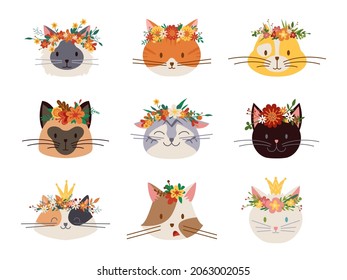 Cat in flower crown. Cute cats heads, isolated cartoon animals. Girl stickers, princesse kitten. Doodle floral wreath, pets classy vector avatars