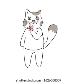 Cat with flower hand drawn style, Cute cartoon funny animal character.