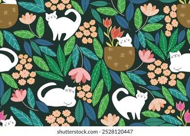 Gato e flor folhas sem costura padrão