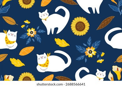 Gato y hojas de flores sin patrón	