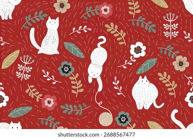 Cat and flower leaves seamless pattern	
