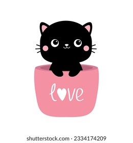 Cat in flower pot. Holding paw hands. Black silhouette. Pink cheeks. Cute cartoon funny character. Love Valentines day card. Baby pet animal. Sticker tshirt print. Flat design. White background Vector