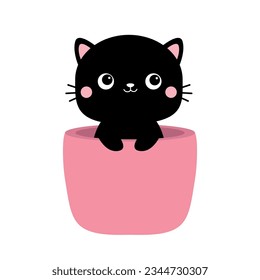 Cat in flower pot. Holding paw hands. Black silhouette. Pink cheeks. Cute cartoon funny character. Moustaches. Baby pet animal collection. Sticker tshirt print. Flat design. White background. Vector