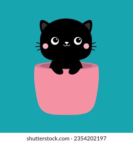 Cat in flower pot. Holding paw hands. Black silhouette. Pink cheeks. Cute cartoon funny character. Baby pet animal collection. Moustaches.. Sticker tshirt print. Flat design. Blue background. Vector