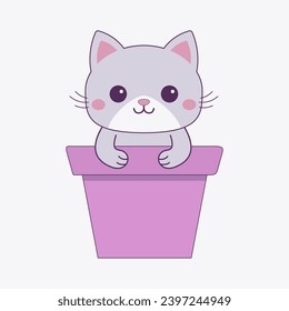 Cat in flower pot. Holding paw hands. Gray silhouette. Pink cheeks. Contour line doodle. Cute cartoon funny character. Baby pet animal. Sticker tshirt print. Flat design. White background. Vector