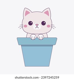 Cat in flower pot. Holding paw hands. White silhouette. Pink cheeks. Contour line doodle. Cute cartoon funny character. Baby pet animal. Sticker tshirt print. White background. Flat design. Vector