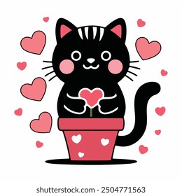 Cat in flower pot. Holding paw hands. Black silhouette. Pink cheeks. Cute cartoon funny character. Love Valentines day card. Baby pet animal. Sticker tshirt print. Flat design. White background Vector