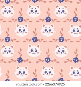 Cat flower twig seamless pattern. Pastel color pet seamless background with repeat vector illustration of cute kitten and nature elements on beige background