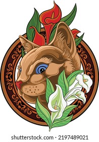 cat and flower vector design, color editable