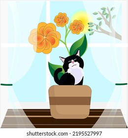 Cat in a flowerpot on the windowsill. Vector, illustration for the soul.