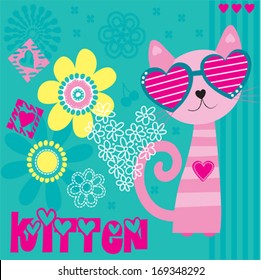 cat and flowers background invitation card vector illustration