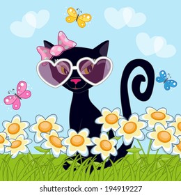 Cat with flowers and butterflies