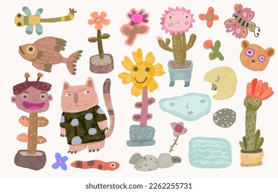 Cat, flowers, butterfly , fish, snake and bear watercolor painting illustration. cute characters vector. artwork
