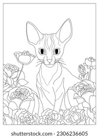 Cat with flowers coloring page, Sphynx cat sitting in flowers coloring page for  children, colouring page of cat with flowers