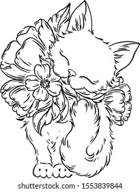 Cat with flowers. Drawing ink.