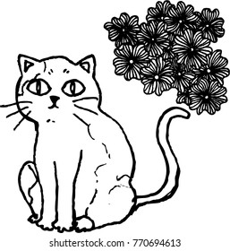 Cat and flowers. Hand draw cute cat with flowers.