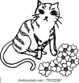Cat and flowers. Hand draw cute cat with flowers.