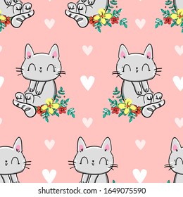 Cat with flowers and heart on a pink background seamless illustration. Print design for textiles.