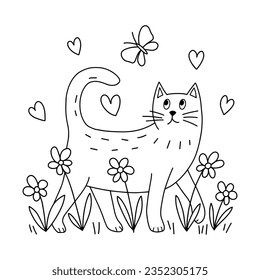 Dibujo lineal de gatos y flores. Carácter estilizado para colorear. Ilustración vectorial.