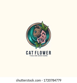 cat flowers logo design vintage ilustration flat