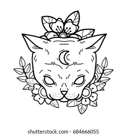  Cat with flowers. Old school tattoo style. Tradition tattoo ink design.