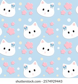 Cat, Flowers on blue background, Cartoon pattern, Fabric pattern, Gift wrapping paper, Notebook cover , seamless pattern 