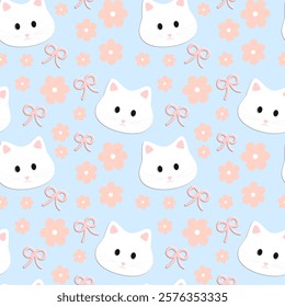 Cat, flowers on a blue background, Fabric pattern, Wrapping paper pattern, Notebook cover , seamless pattern 