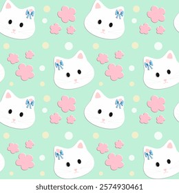 Cat, Flowers on green background, Cartoon pattern, Fabric pattern, Gift wrapping paper, Notebook cover , seamless pattern 